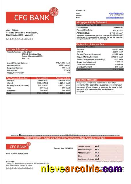 Morocco CFG Bank mortgage statement Word and PDF template